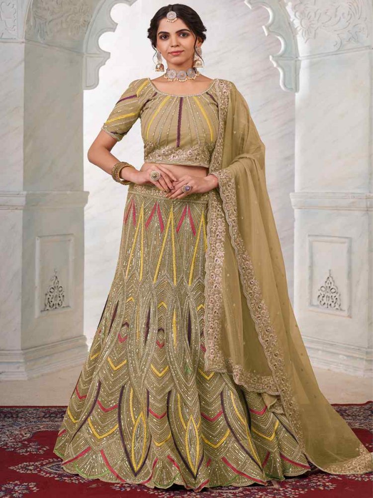 Beige Soft Net Embroidered Festival Wedding Circular Lehenga Choli