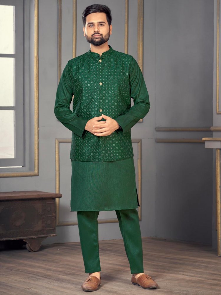 Green Heavy Banglori Silk Embroidered Festival Wedding Kurta