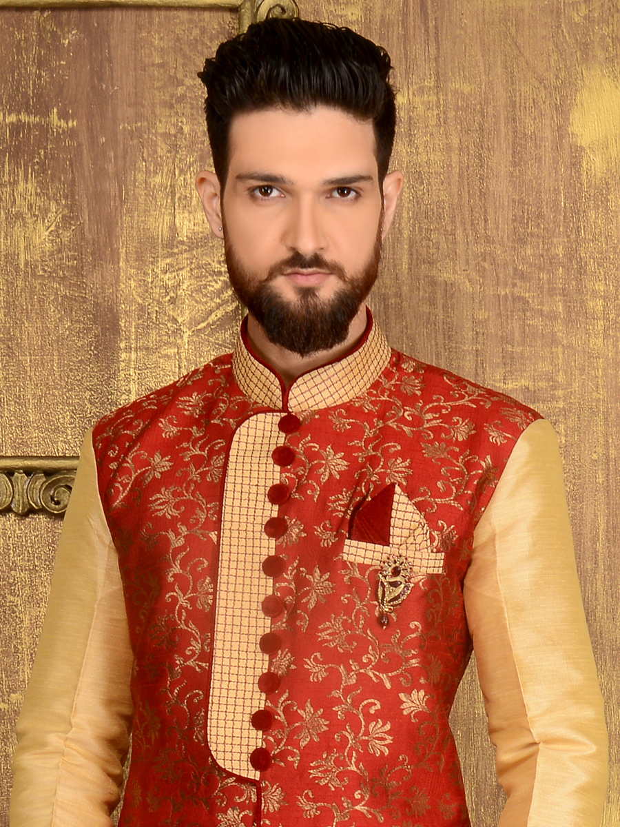 Persian Red and Cream Yellow Jacquard and Brocade Silk Wedding Embroidered Sherwani