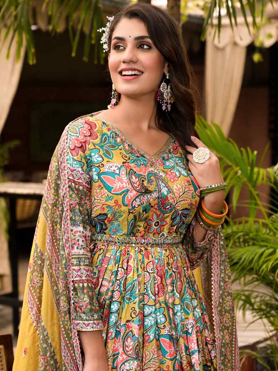 Multi Soft Dola Silk Printed Festival Casual Gown