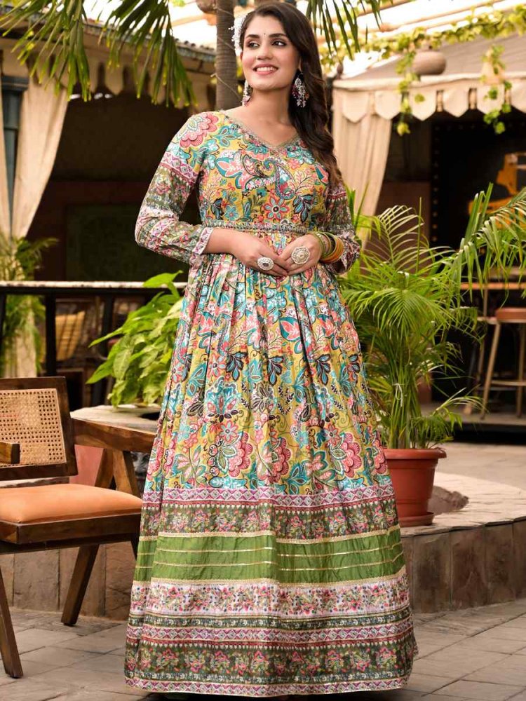 Multi Soft Dola Silk Printed Festival Casual Gown