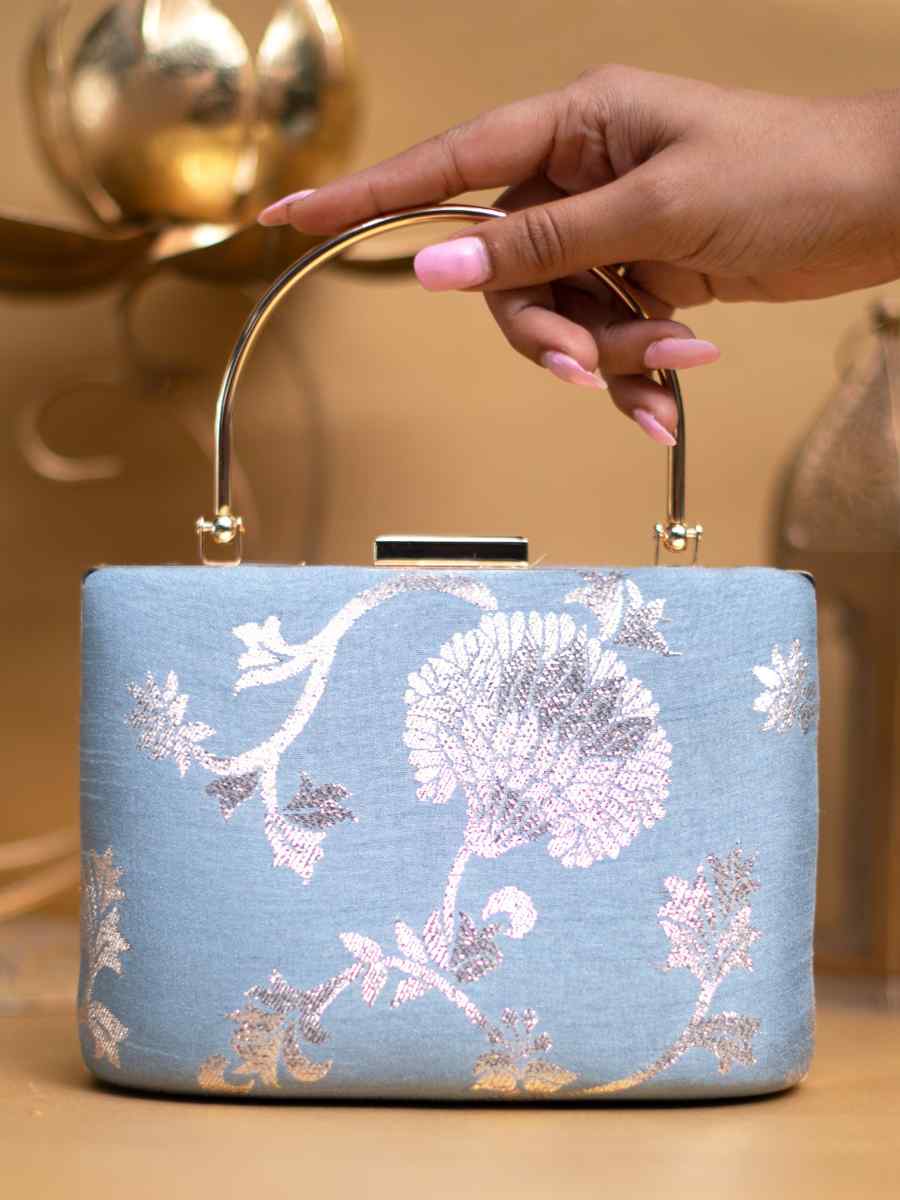 Sky Blue Art Silk Party Wear Embroidered Clutches