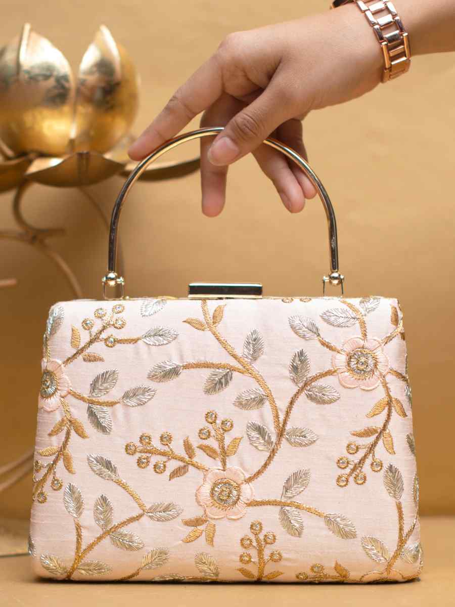 Cream Art Silk Party Wear Embroidered Clutches