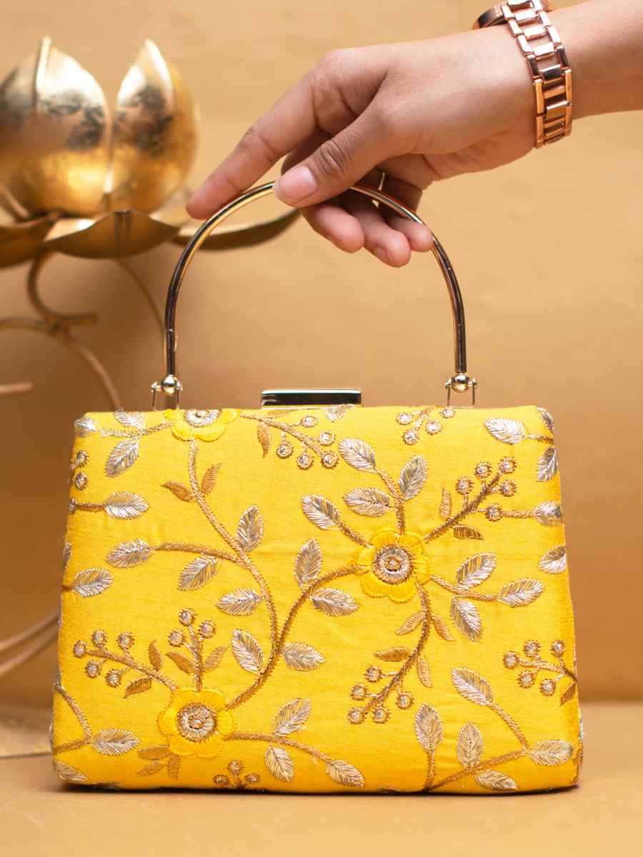 Yellow Art Silk Party Wear Embroidered Clutches