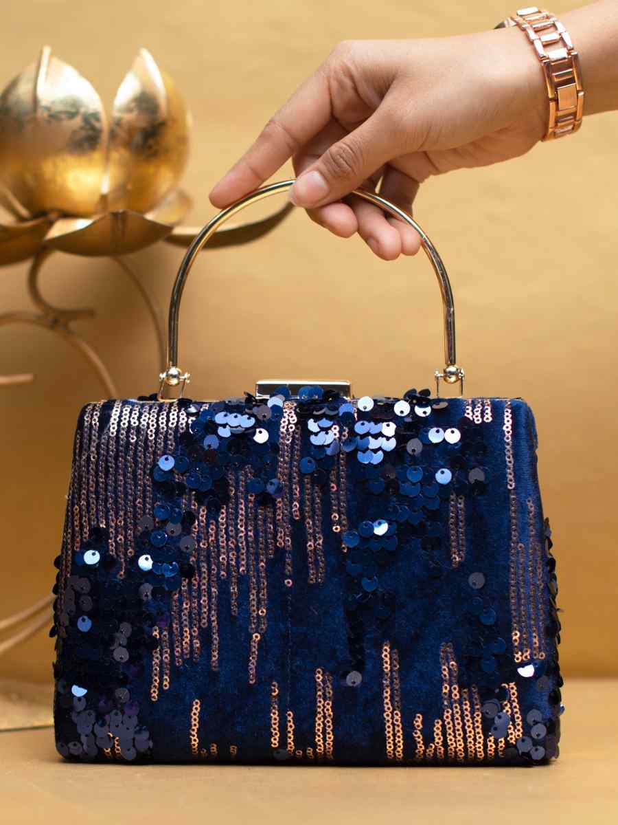 Navy Blue Art Silk Party Wear Embroidered Clutches