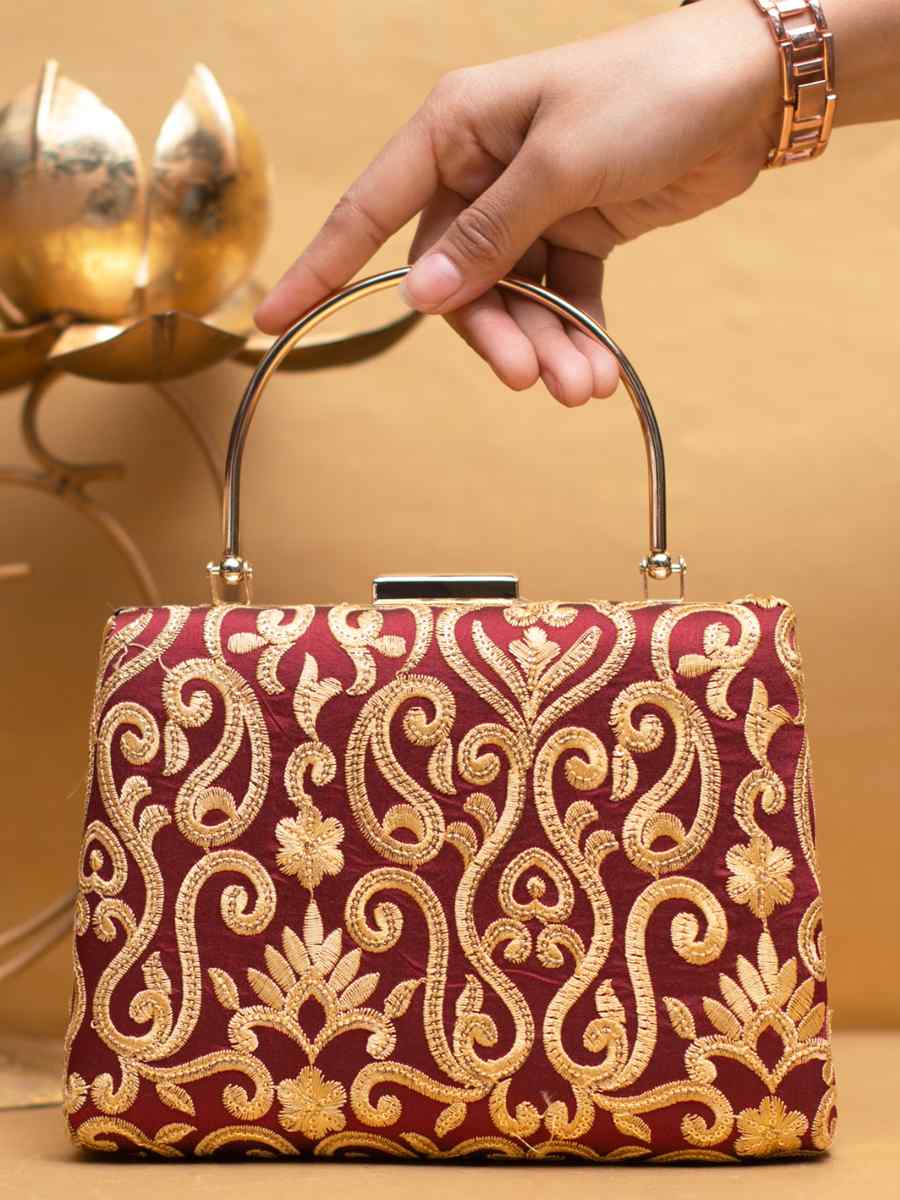 Maroon Art Silk Party Wear Embroidered Clutches