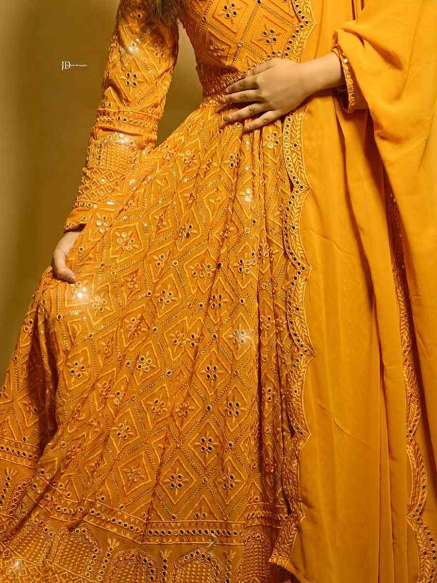 Mustard Faux Blooming Embroidered Festival Casual Anarkali Ready Salwar Kameez