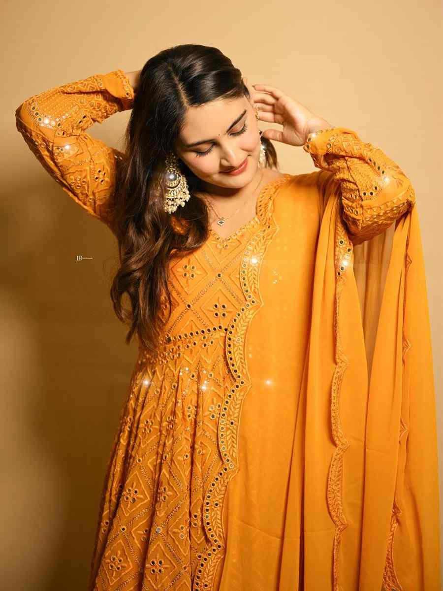 Mustard Faux Blooming Embroidered Festival Casual Anarkali Ready Salwar Kameez