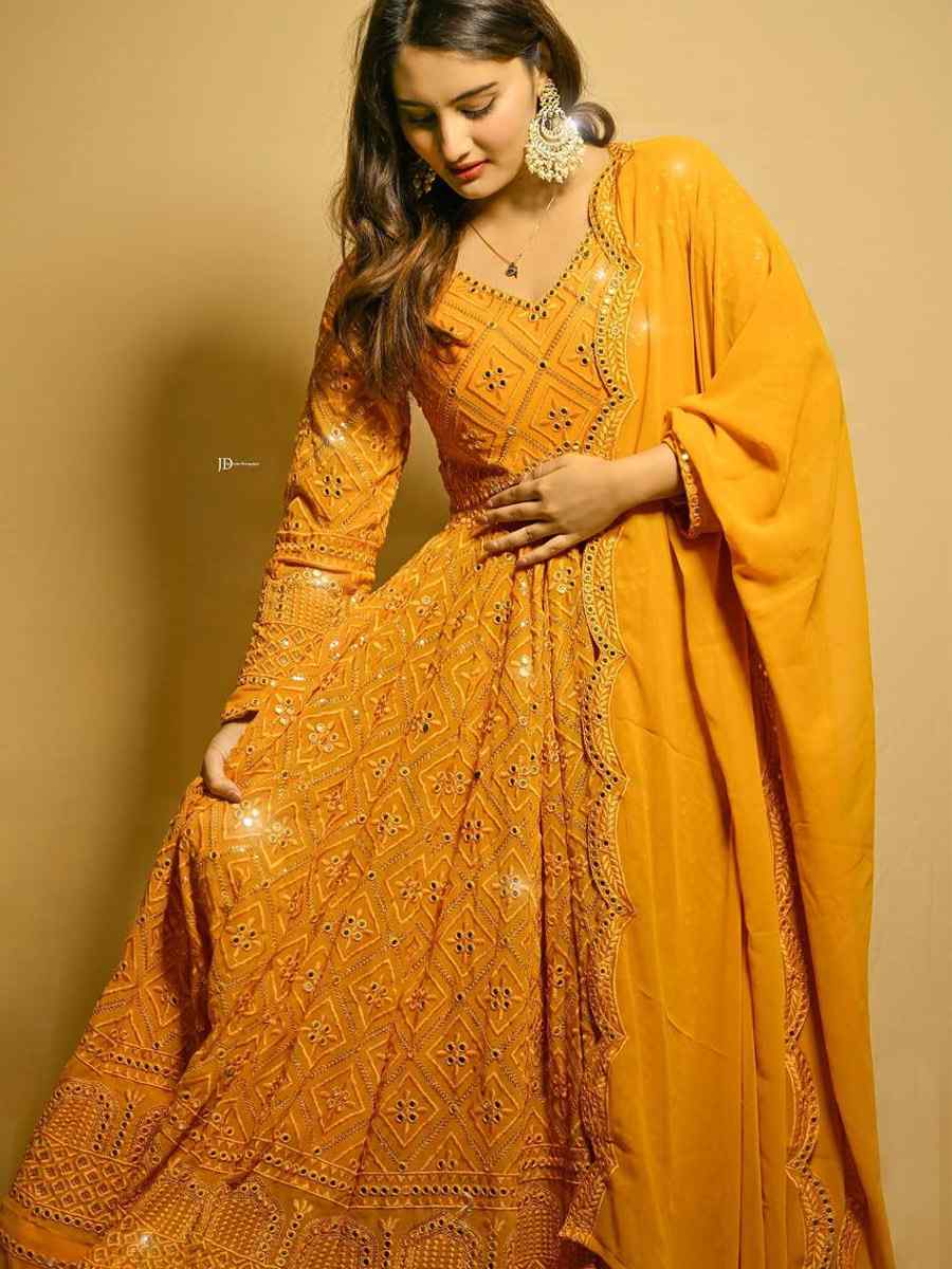 Mustard Faux Blooming Embroidered Festival Casual Anarkali Ready Salwar Kameez