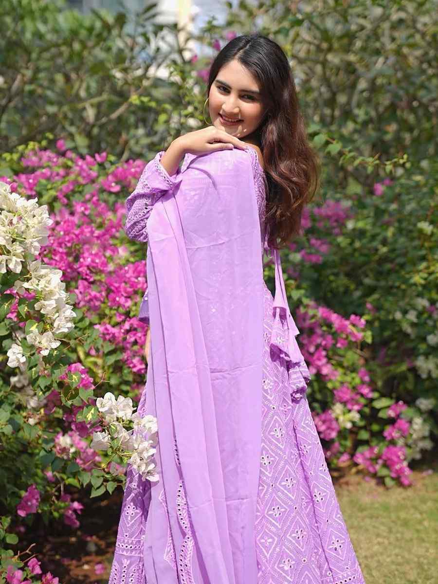 Lavender Faux Blooming Embroidered Festival Casual Anarkali Ready Salwar Kameez