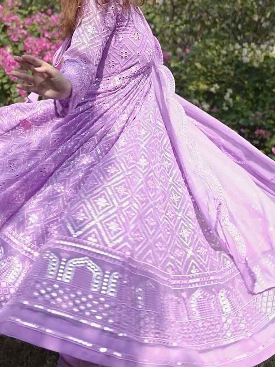 Lavender Faux Blooming Embroidered Festival Casual Anarkali Ready Salwar Kameez