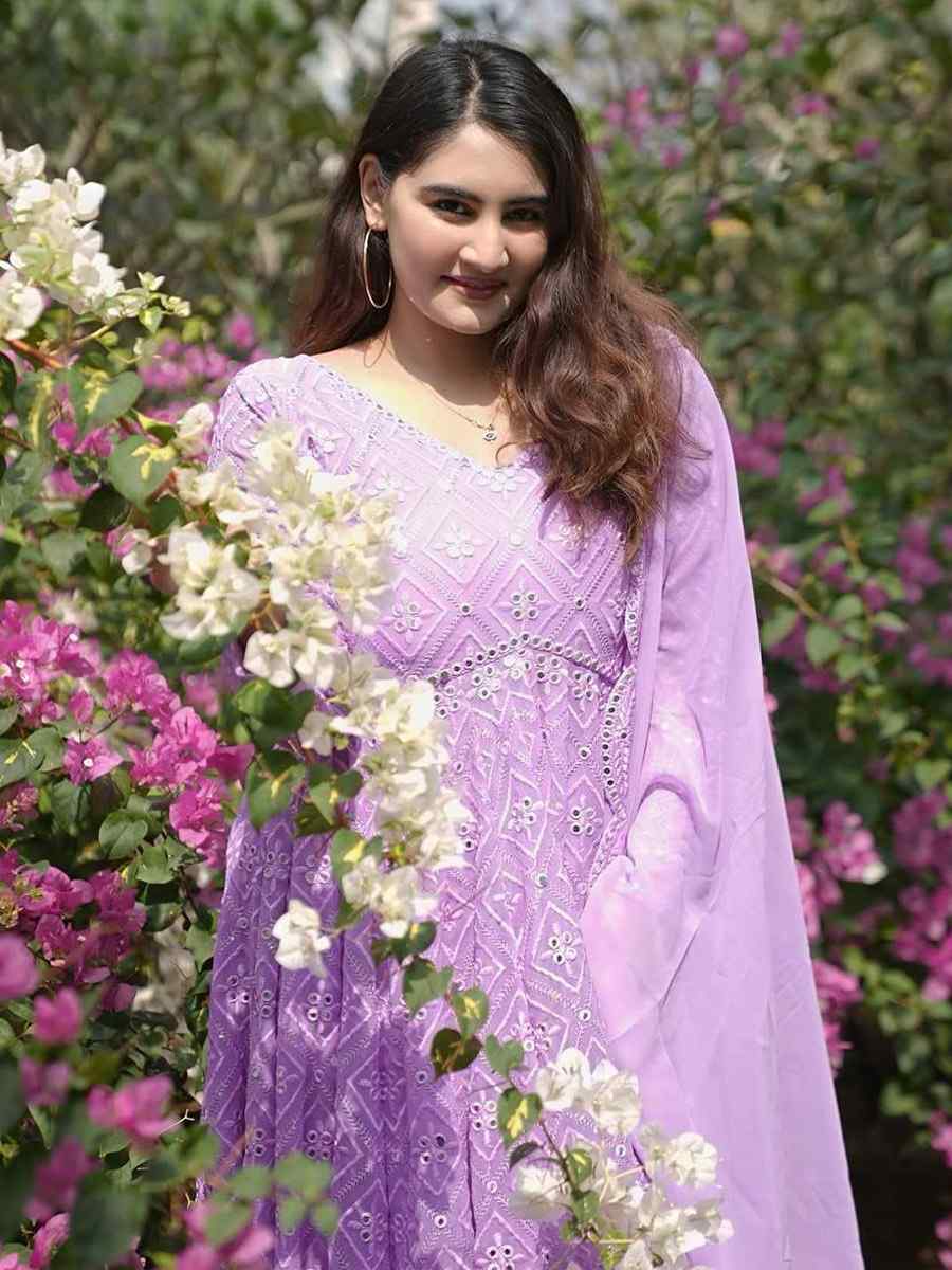 Lavender Faux Blooming Embroidered Festival Casual Anarkali Ready Salwar Kameez