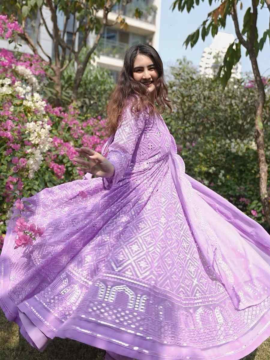 Lavender Faux Blooming Embroidered Festival Casual Anarkali Ready Salwar Kameez