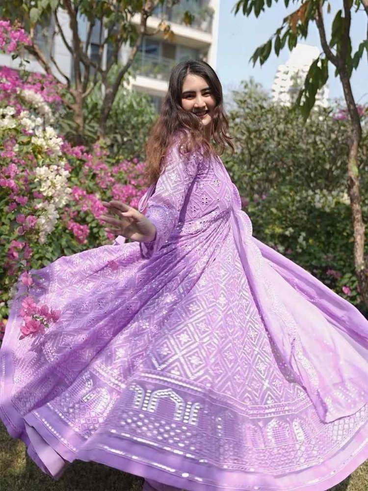 Lavender Faux Blooming Embroidered Festival Casual Anarkali Ready Salwar Kameez