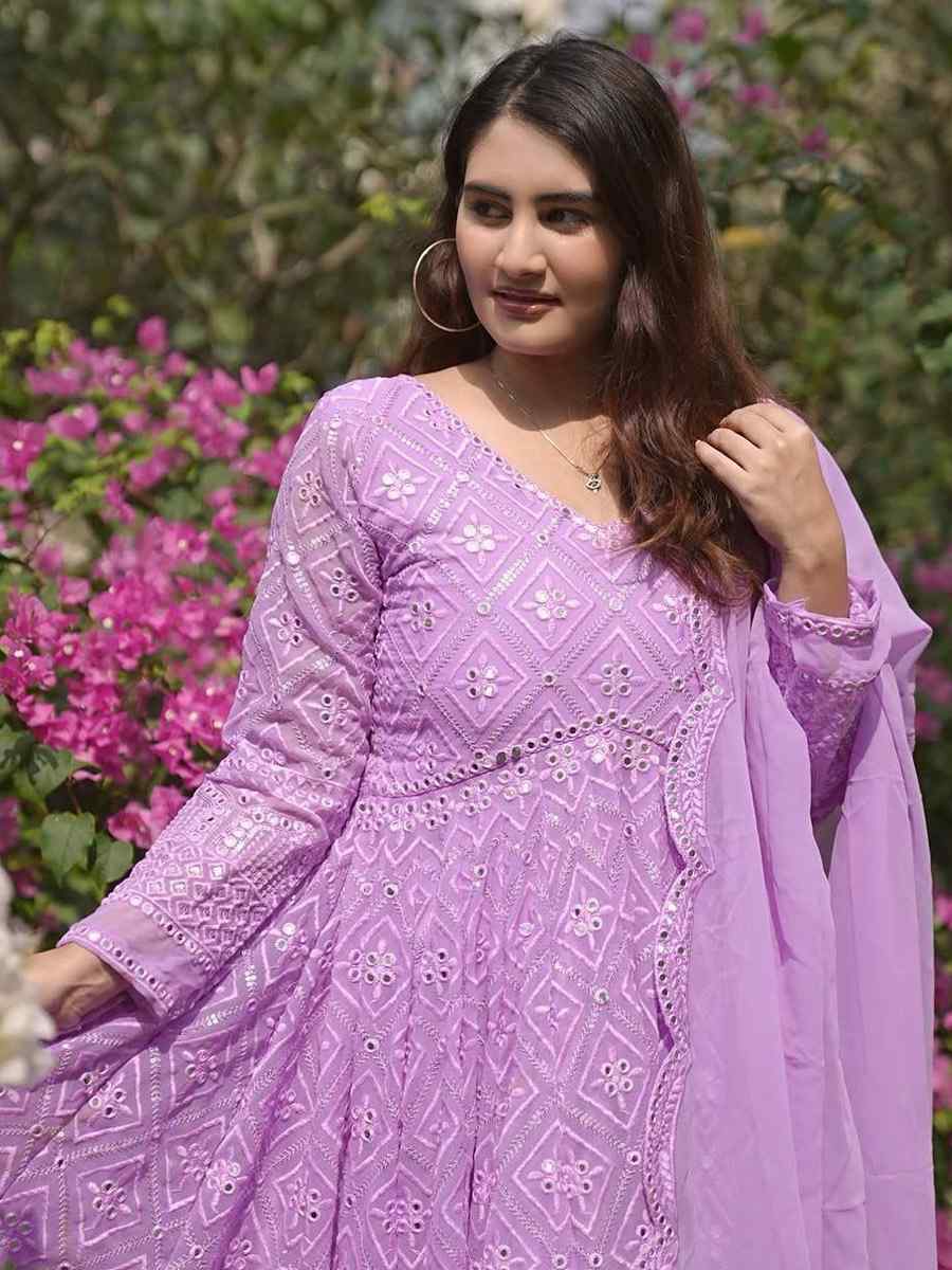 Lavender Faux Blooming Embroidered Festival Casual Anarkali Ready Salwar Kameez