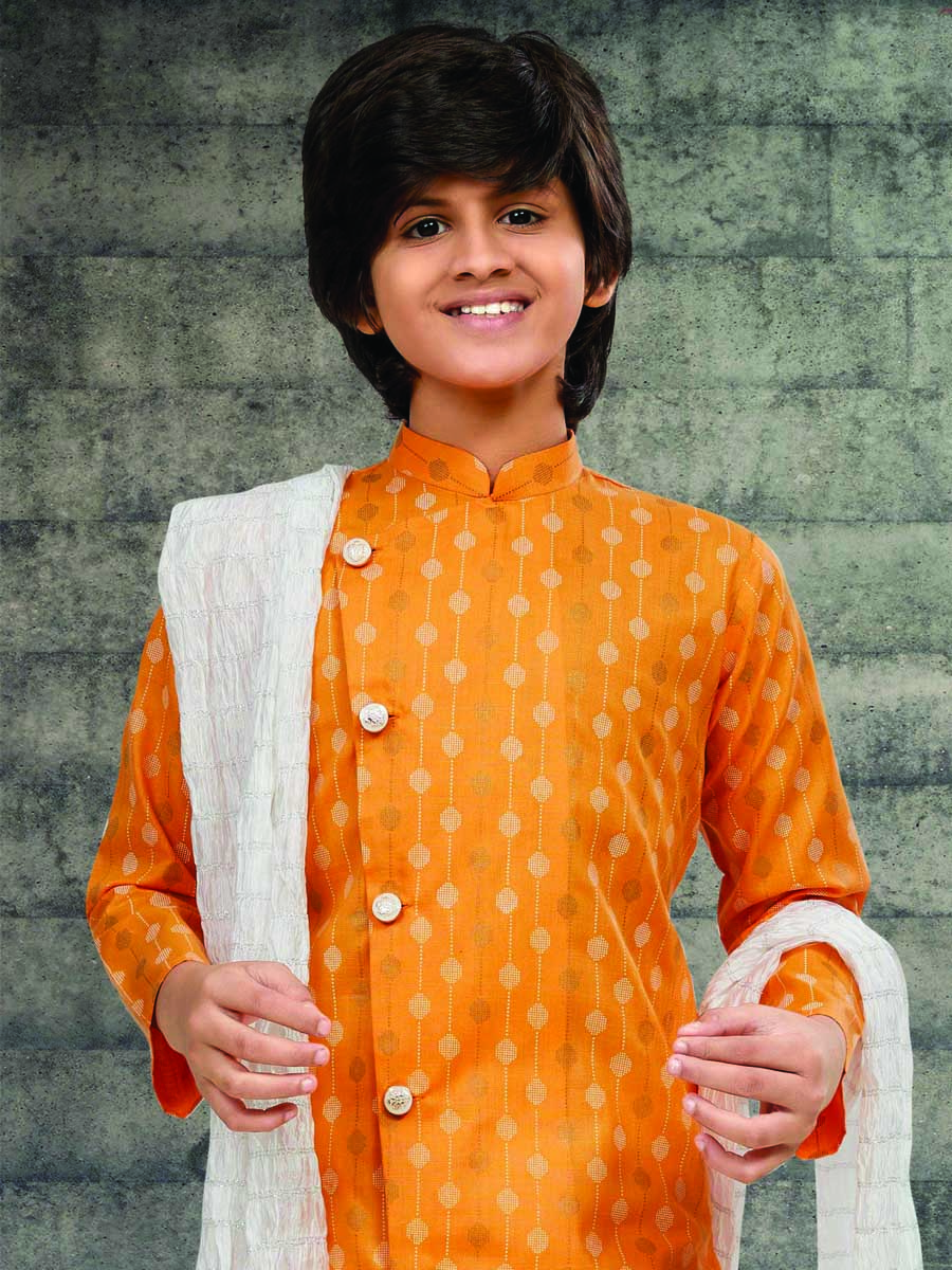 Orange Cotton Printed Wedding Traditional Kurta Pyjama Boys Wear