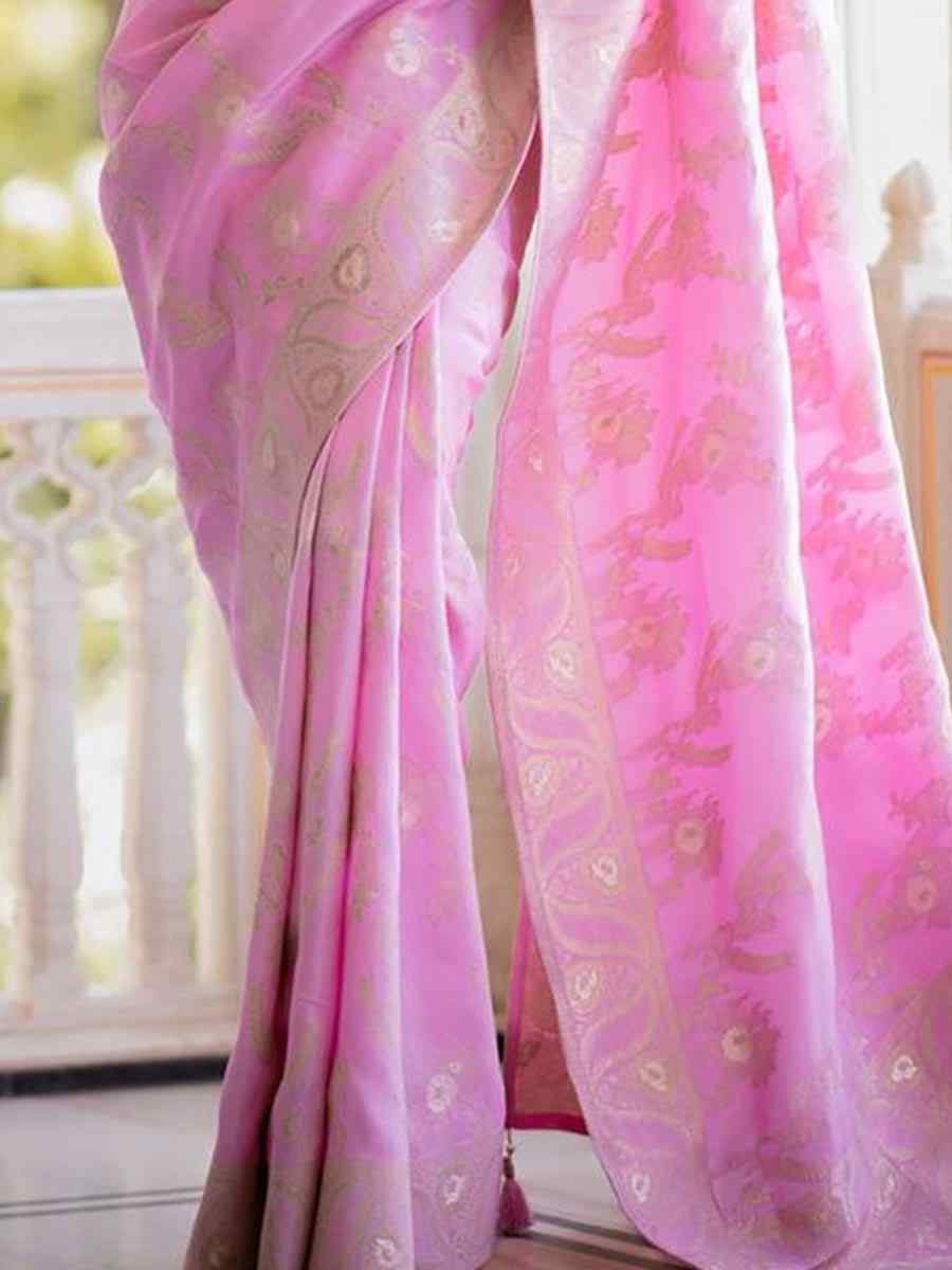 Light Pink Banarasi Soft Silk Handwoven Wedding Festival Heavy Border Saree