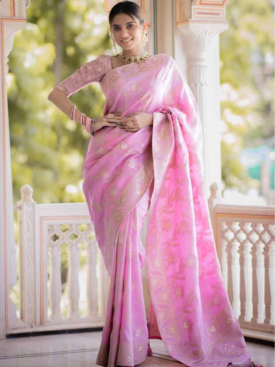 Light Pink Banarasi Soft Silk Handwoven Wedding Festival Heavy Border Saree