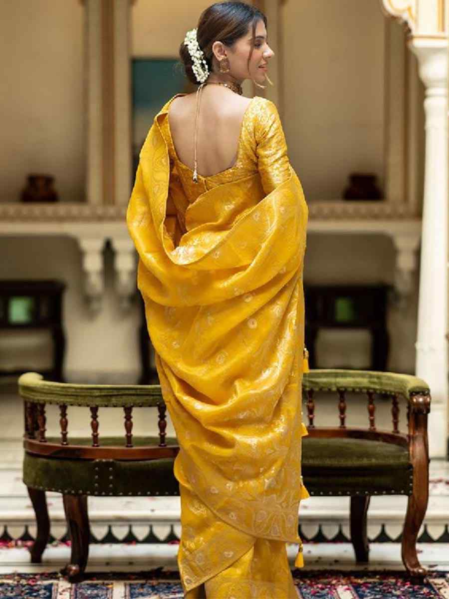 Mustard Banarasi Soft Silk Handwoven Wedding Festival Heavy Border Saree