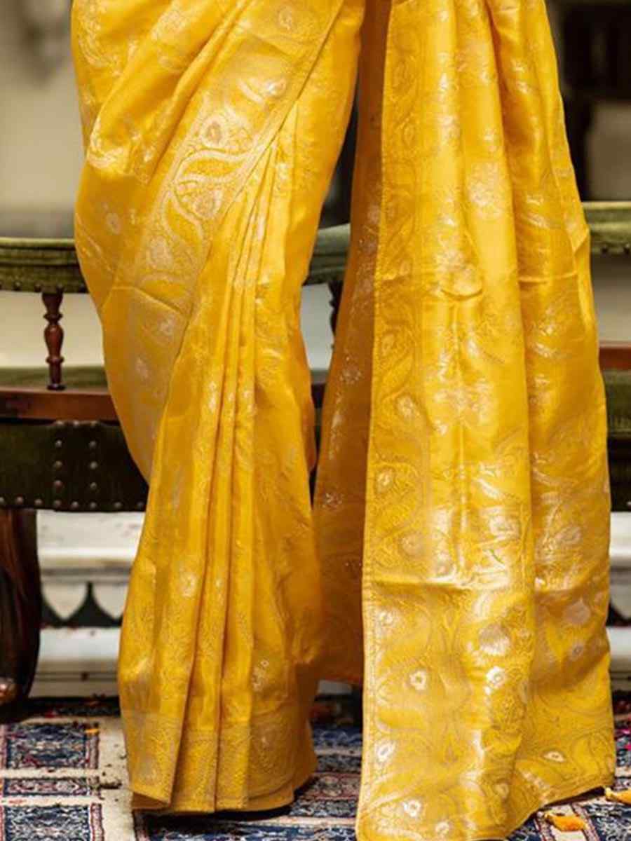 Mustard Banarasi Soft Silk Handwoven Wedding Festival Heavy Border Saree