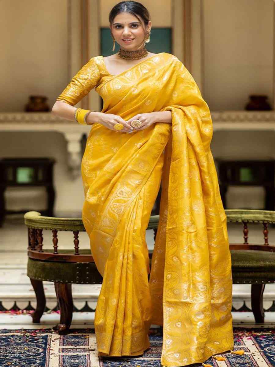 Mustard Banarasi Soft Silk Handwoven Wedding Festival Heavy Border Saree