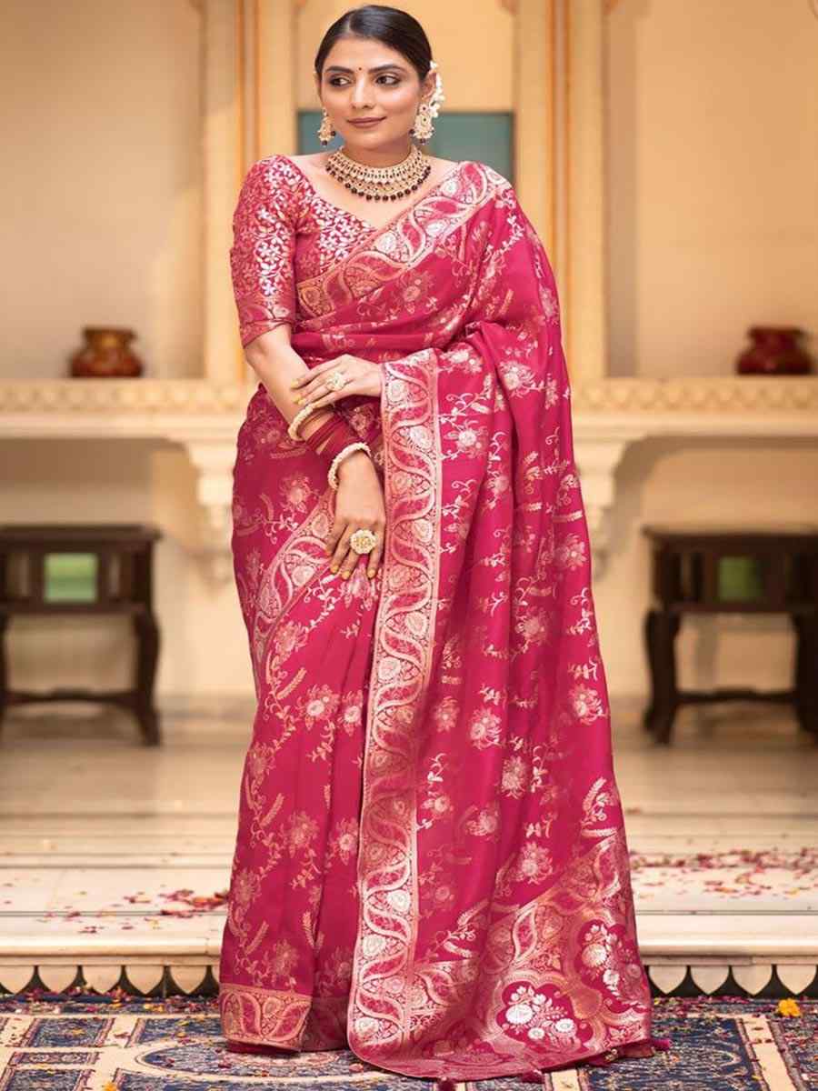 Pink Banarasi Soft Silk Handwoven Wedding Festival Heavy Border Saree