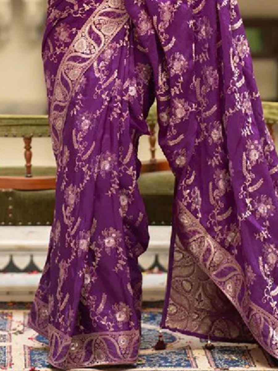 Purple Banarasi Soft Silk Handwoven Wedding Festival Heavy Border Saree