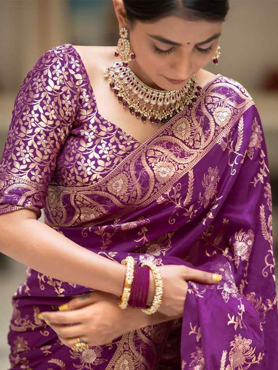 Purple Banarasi Soft Silk Handwoven Wedding Festival Heavy Border Saree