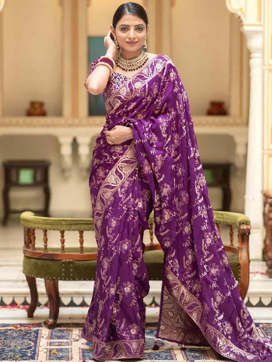 Purple Banarasi Soft Silk Handwoven Wedding Festival Heavy Border Saree