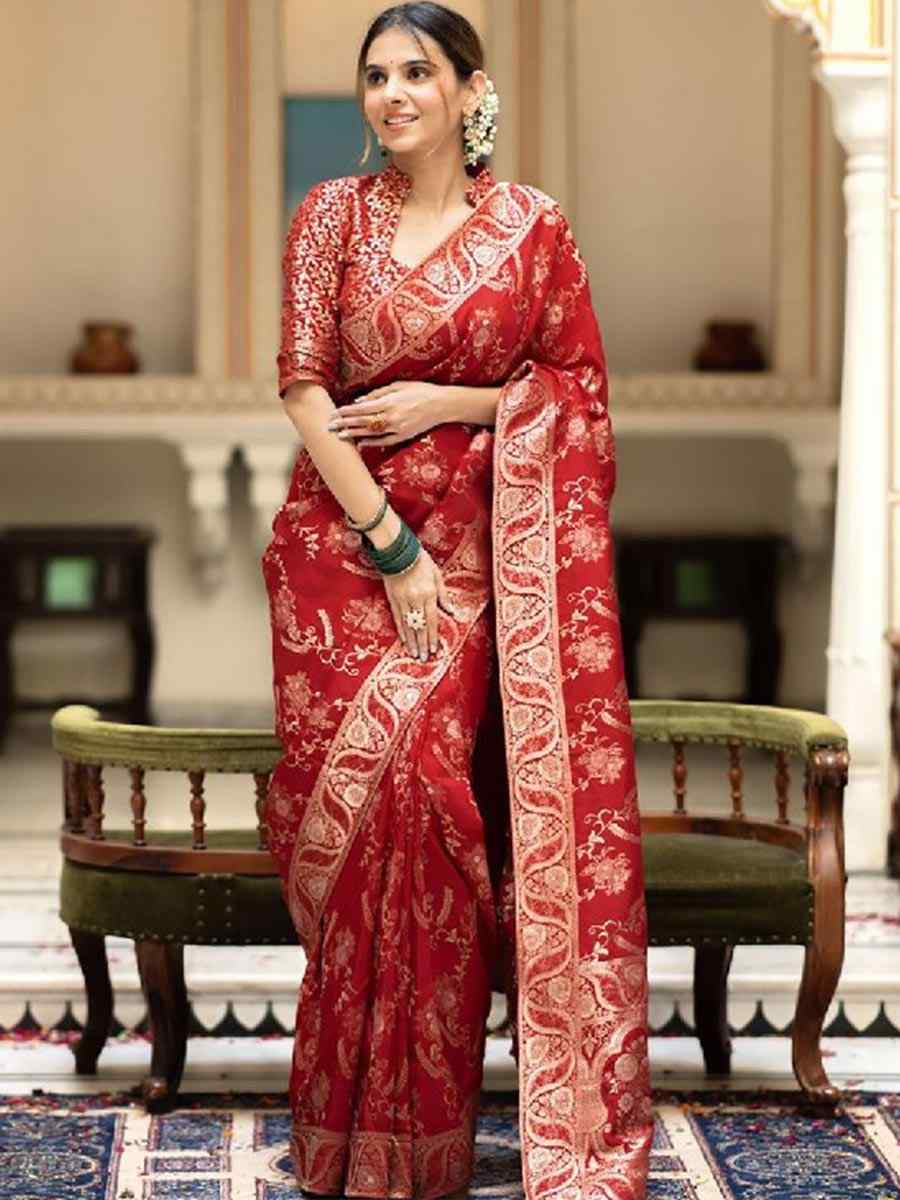 Red Banarasi Soft Silk Handwoven Wedding Festival Heavy Border Saree