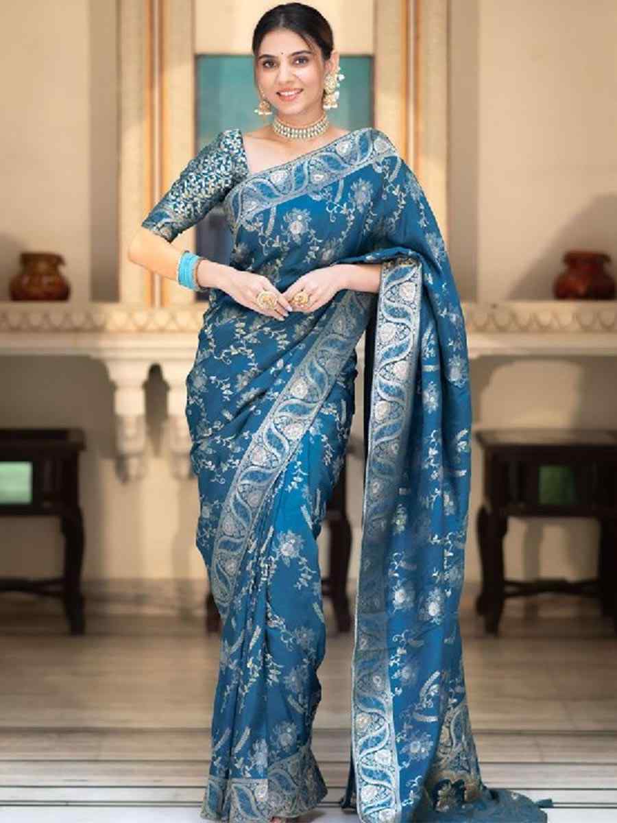 Teal Banarasi Soft Silk Handwoven Wedding Festival Heavy Border Saree