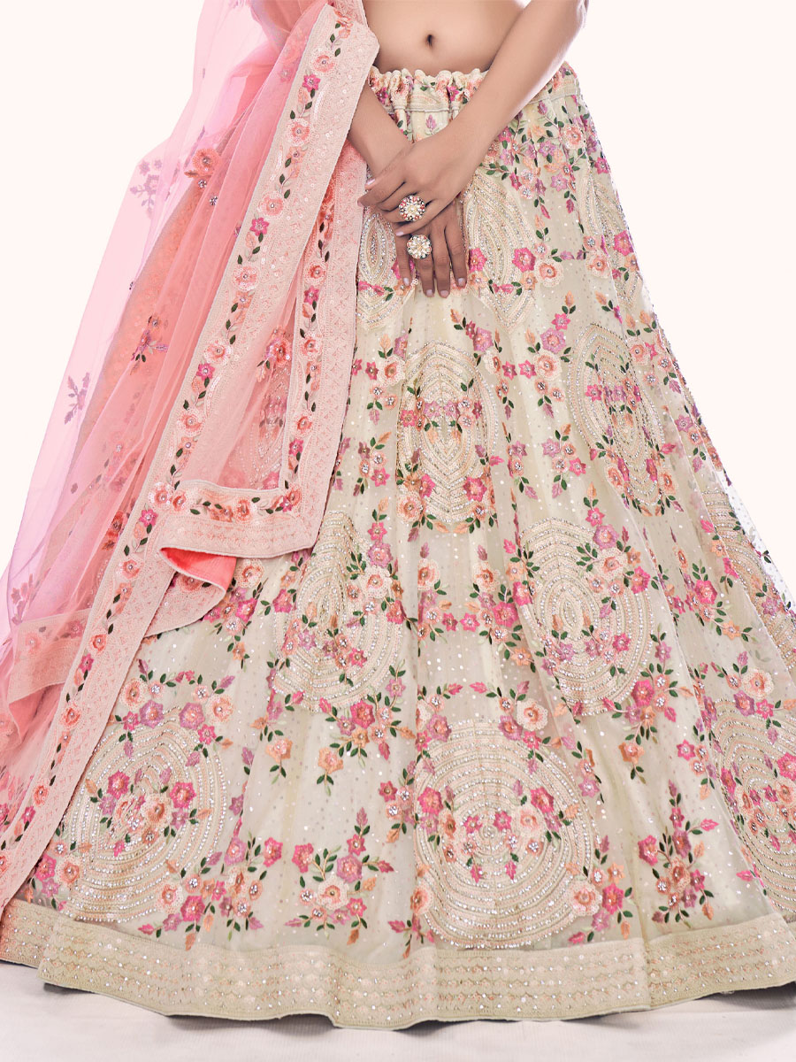 White Soft Net Embroidered Bridal Wedding Heavy Border Lehenga Choli