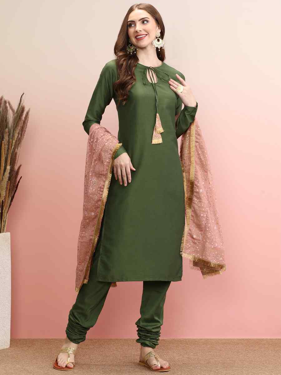 Olive Silk Blend Printed Festival Casual Ready Pant Salwar Kameez