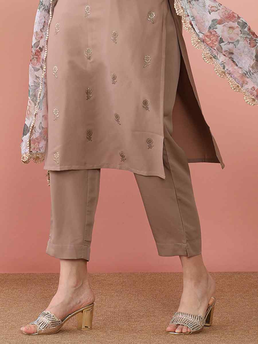 Chocolatte Brown Poly Crepe Printed Festival Casual Ready Pant Salwar Kameez