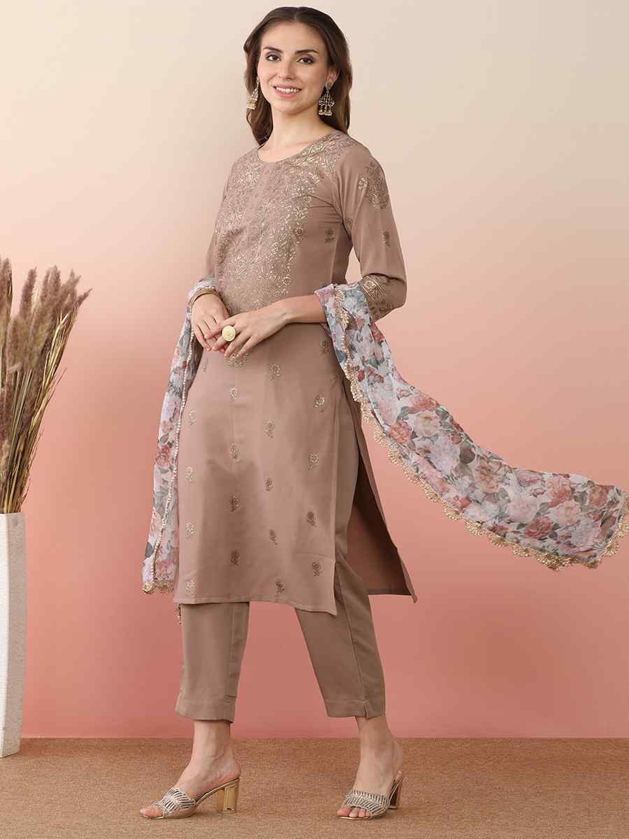 Chocolatte Brown Poly Crepe Printed Festival Casual Ready Pant Salwar Kameez