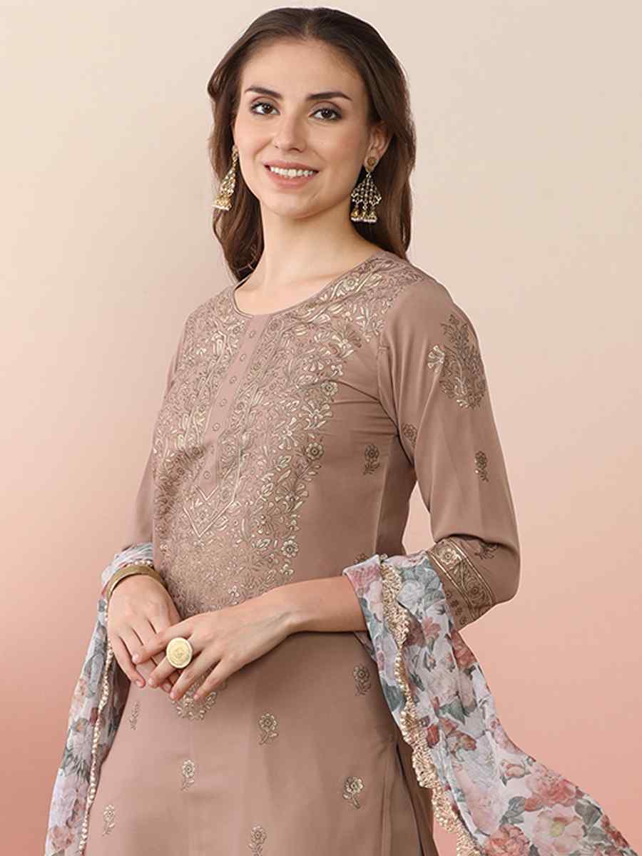 Chocolatte Brown Poly Crepe Printed Festival Casual Ready Pant Salwar Kameez