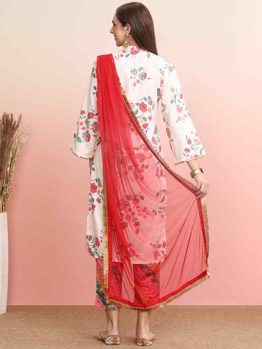 Off White Poly Crepe Printed Festival Casual Ready Pant Salwar Kameez