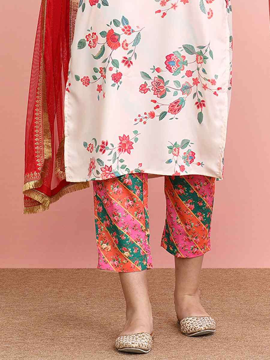 Off White Poly Crepe Printed Festival Casual Ready Pant Salwar Kameez