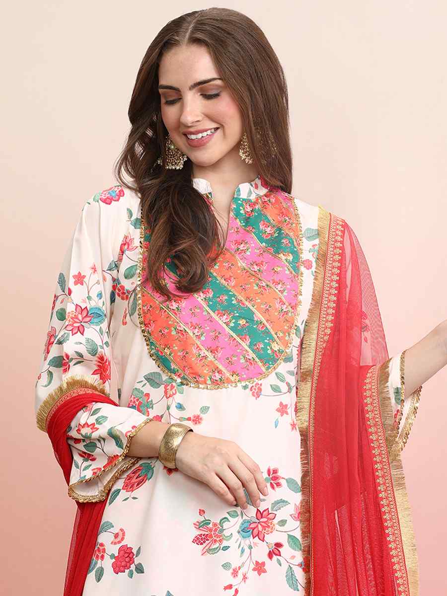 Off White Poly Crepe Printed Festival Casual Ready Pant Salwar Kameez