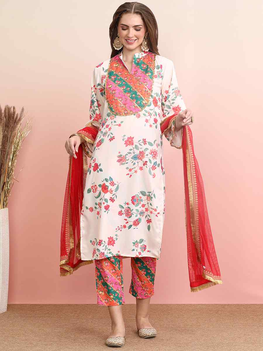 Off White Poly Crepe Printed Festival Casual Ready Pant Salwar Kameez