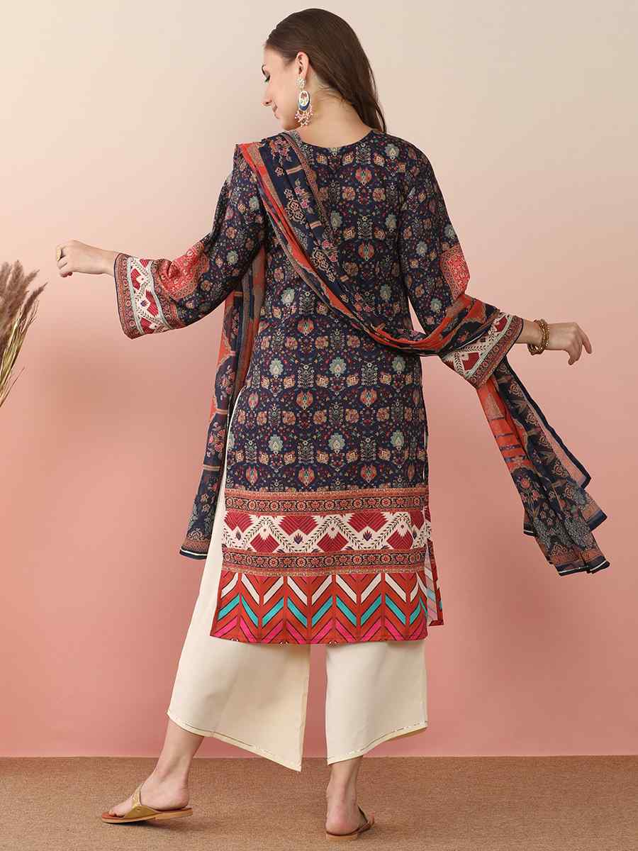 Navy Blue Poly Crepe Printed Festival Casual Ready Pant Salwar Kameez