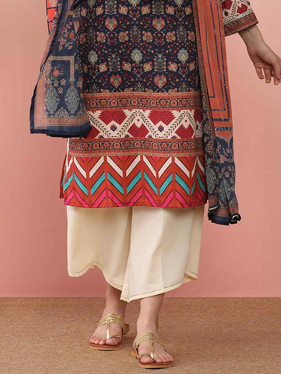 Navy Blue Poly Crepe Printed Festival Casual Ready Pant Salwar Kameez