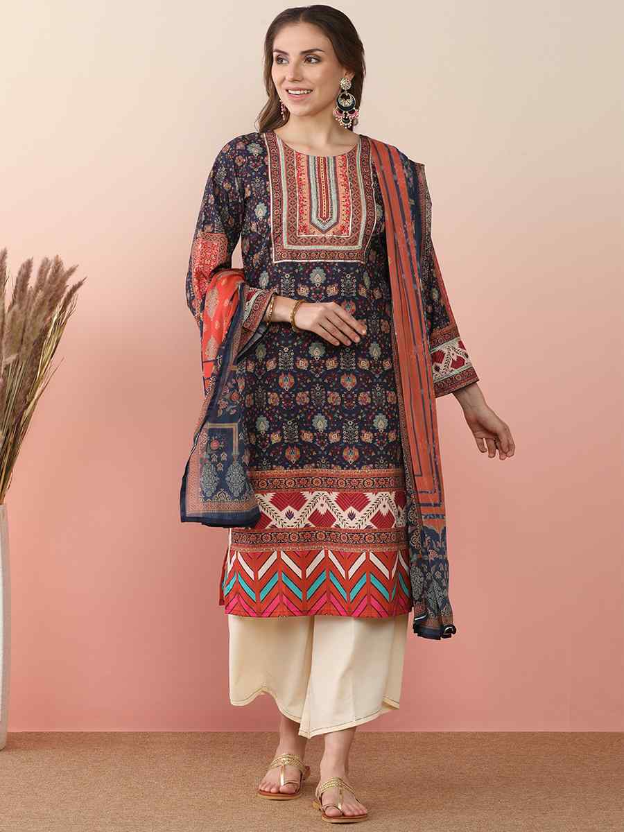 Navy Blue Poly Crepe Printed Festival Casual Ready Pant Salwar Kameez