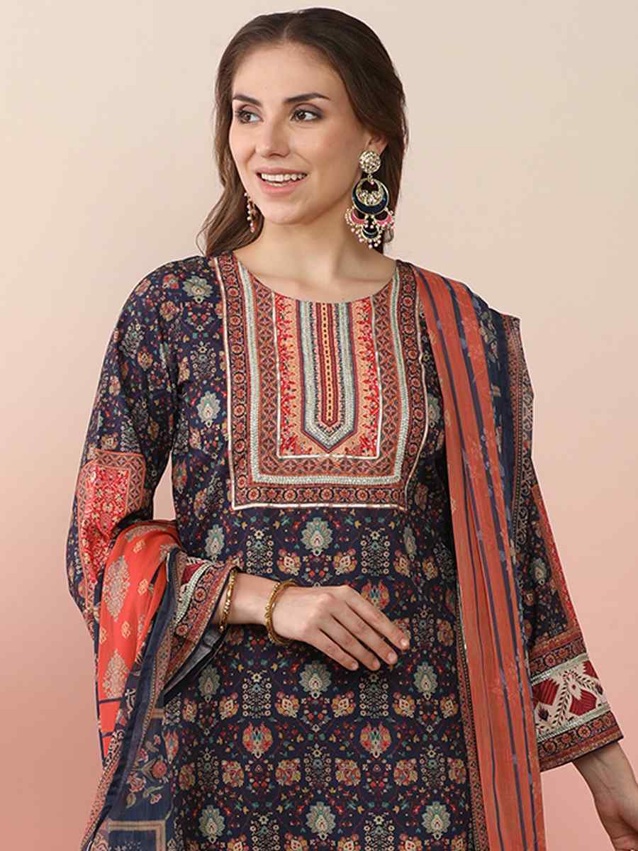 Navy Blue Poly Crepe Printed Festival Casual Ready Pant Salwar Kameez