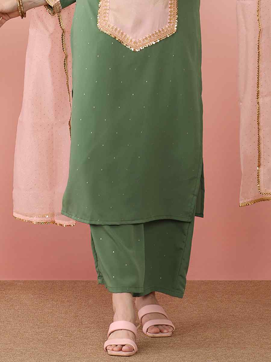 Green Poly Crepe Printed Festival Casual Ready Pant Salwar Kameez