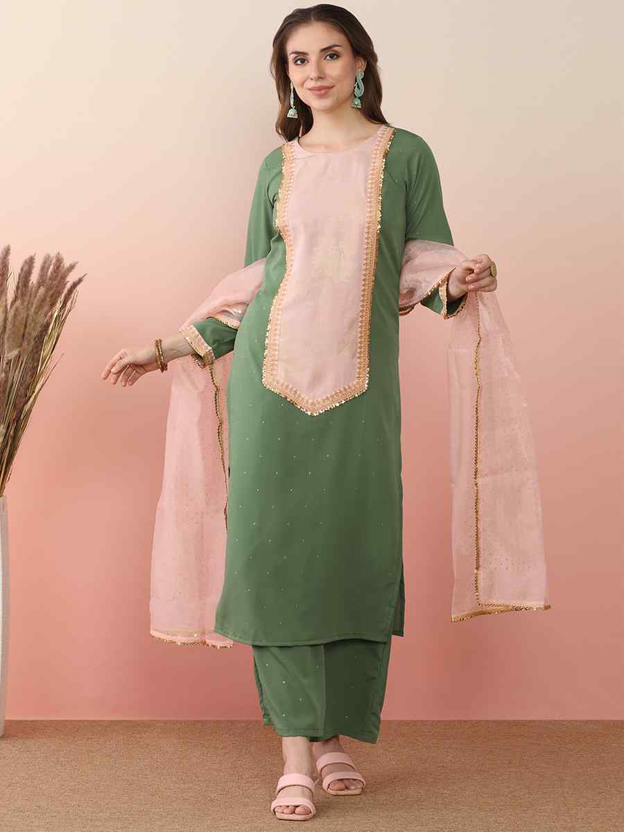 Green Poly Crepe Printed Festival Casual Ready Pant Salwar Kameez