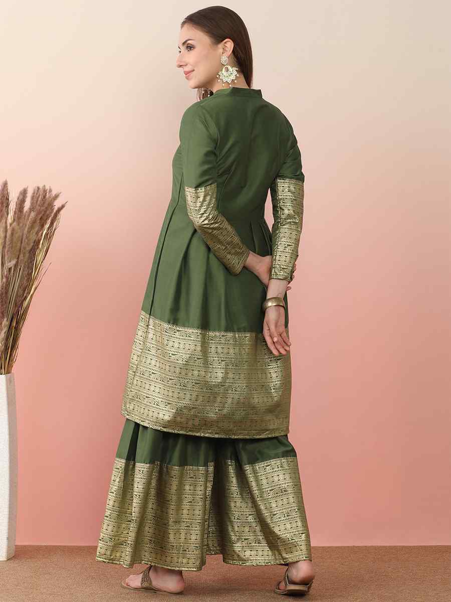 Olive Silk Blend Printed Festival Casual Ready Sharara Pant Salwar Kameez