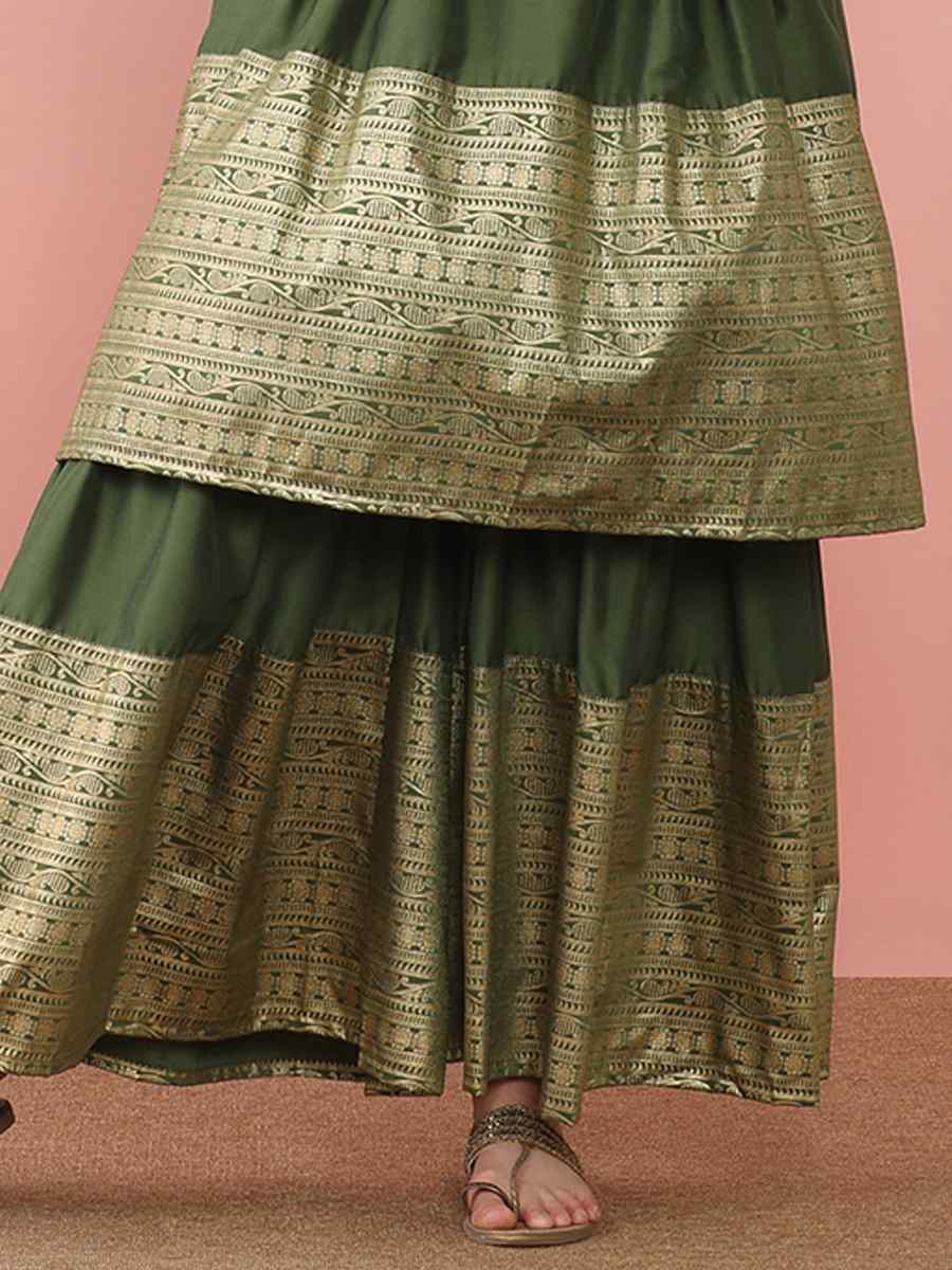 Olive Silk Blend Printed Festival Casual Ready Sharara Pant Salwar Kameez