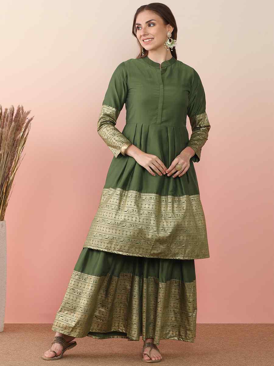 Olive Silk Blend Printed Festival Casual Ready Sharara Pant Salwar Kameez