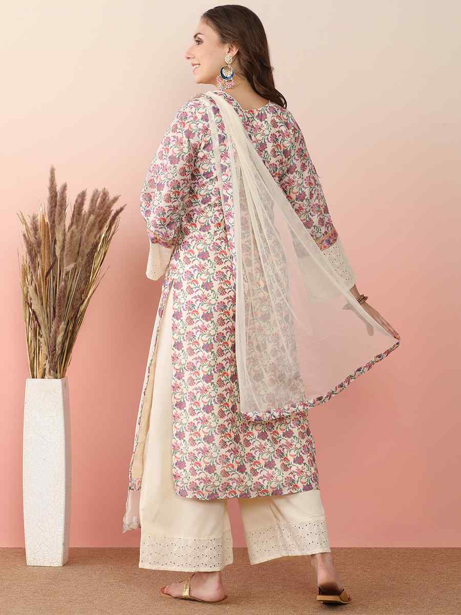 Off White Poly Chanderi Printed Festival Casual Ready Pant Salwar Kameez